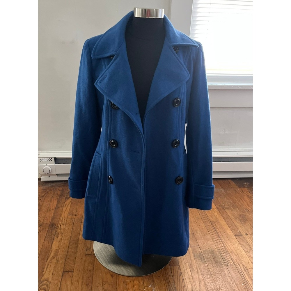 Anne Klein Womens Royal Blue Wool Blend Double Breasted Peacoat Size S Preppy